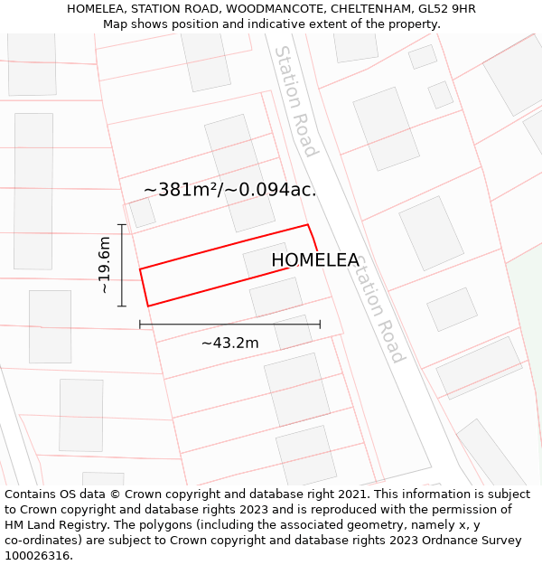 HOMELEA, STATION ROAD, WOODMANCOTE, CHELTENHAM, GL52 9HR: Plot and title map