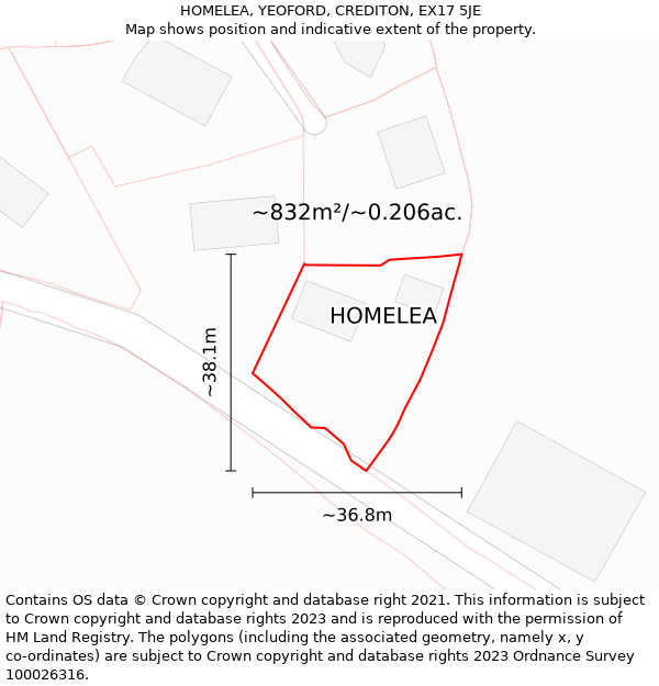 HOMELEA, YEOFORD, CREDITON, EX17 5JE: Plot and title map