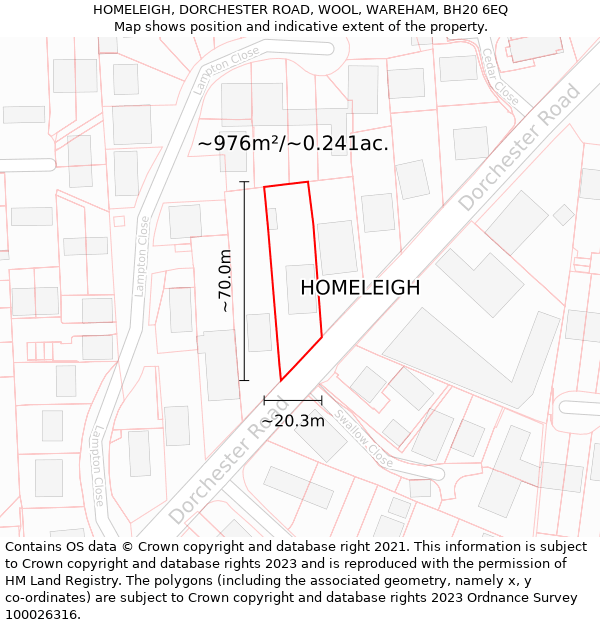 HOMELEIGH, DORCHESTER ROAD, WOOL, WAREHAM, BH20 6EQ: Plot and title map