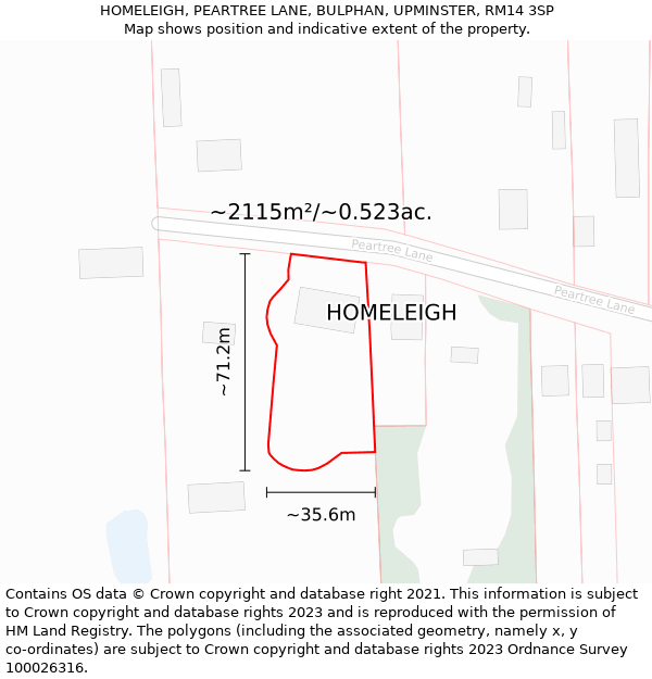 HOMELEIGH, PEARTREE LANE, BULPHAN, UPMINSTER, RM14 3SP: Plot and title map