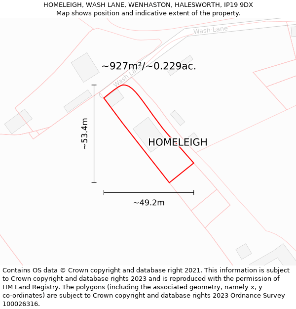 HOMELEIGH, WASH LANE, WENHASTON, HALESWORTH, IP19 9DX: Plot and title map