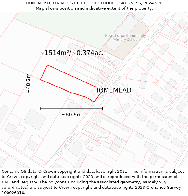 HOMEMEAD, THAMES STREET, HOGSTHORPE, SKEGNESS, PE24 5PR: Plot and title map