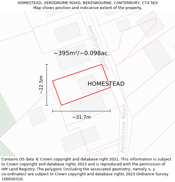 HOMESTEAD, AERODROME ROAD, BEKESBOURNE, CANTERBURY, CT4 5EX: Plot and title map