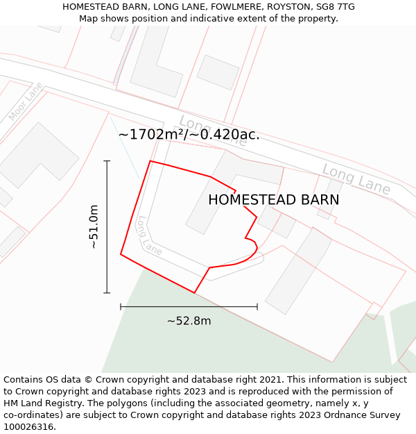 HOMESTEAD BARN, LONG LANE, FOWLMERE, ROYSTON, SG8 7TG: Plot and title map