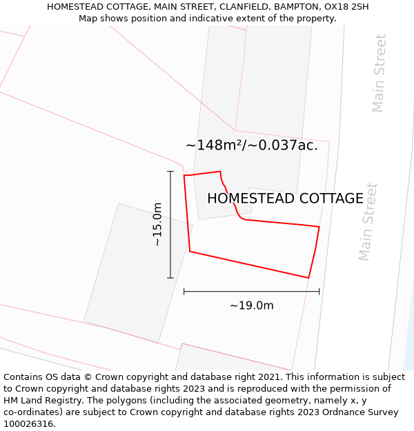 HOMESTEAD COTTAGE, MAIN STREET, CLANFIELD, BAMPTON, OX18 2SH: Plot and title map