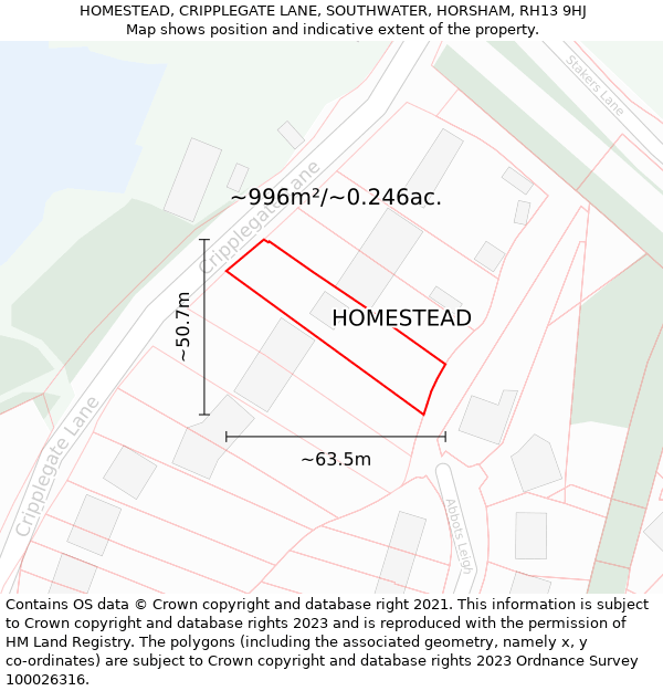 HOMESTEAD, CRIPPLEGATE LANE, SOUTHWATER, HORSHAM, RH13 9HJ: Plot and title map