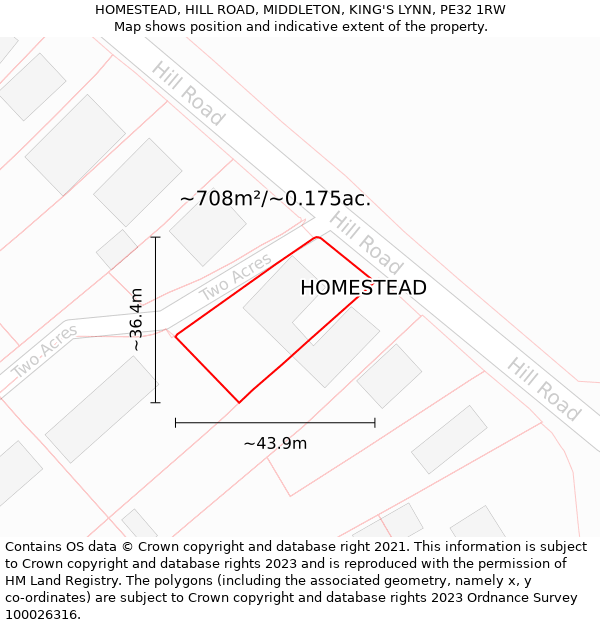 HOMESTEAD, HILL ROAD, MIDDLETON, KING'S LYNN, PE32 1RW: Plot and title map