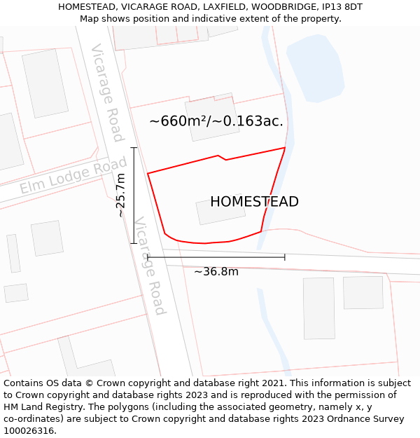 HOMESTEAD, VICARAGE ROAD, LAXFIELD, WOODBRIDGE, IP13 8DT: Plot and title map