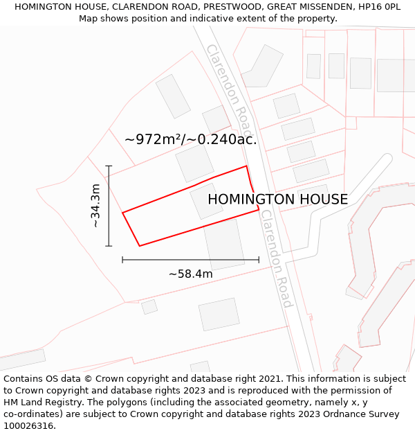 HOMINGTON HOUSE, CLARENDON ROAD, PRESTWOOD, GREAT MISSENDEN, HP16 0PL: Plot and title map