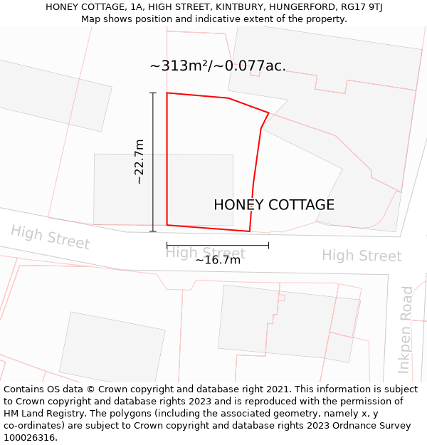 HONEY COTTAGE, 1A, HIGH STREET, KINTBURY, HUNGERFORD, RG17 9TJ: Plot and title map