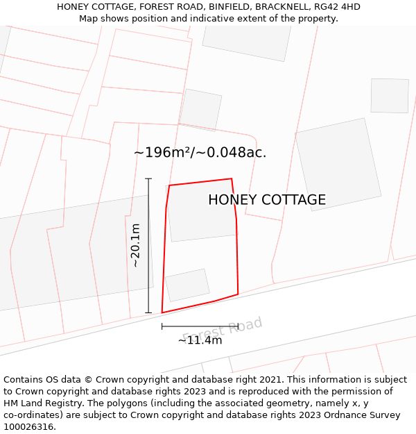 HONEY COTTAGE, FOREST ROAD, BINFIELD, BRACKNELL, RG42 4HD: Plot and title map