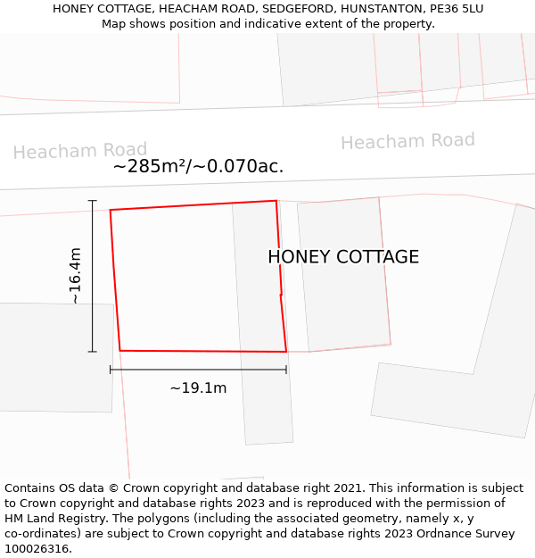 HONEY COTTAGE, HEACHAM ROAD, SEDGEFORD, HUNSTANTON, PE36 5LU: Plot and title map