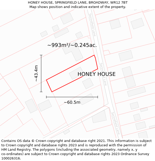 HONEY HOUSE, SPRINGFIELD LANE, BROADWAY, WR12 7BT: Plot and title map