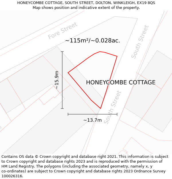 HONEYCOMBE COTTAGE, SOUTH STREET, DOLTON, WINKLEIGH, EX19 8QS: Plot and title map