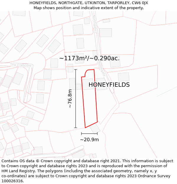 HONEYFIELDS, NORTHGATE, UTKINTON, TARPORLEY, CW6 0JX: Plot and title map