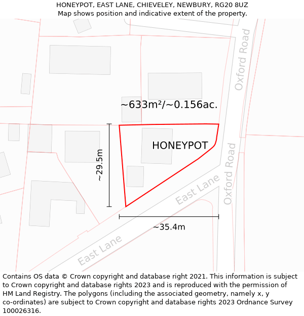 HONEYPOT, EAST LANE, CHIEVELEY, NEWBURY, RG20 8UZ: Plot and title map