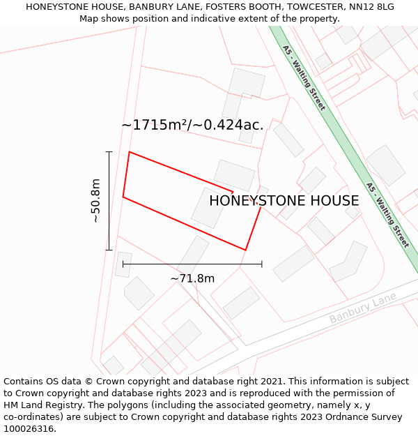 HONEYSTONE HOUSE, BANBURY LANE, FOSTERS BOOTH, TOWCESTER, NN12 8LG: Plot and title map