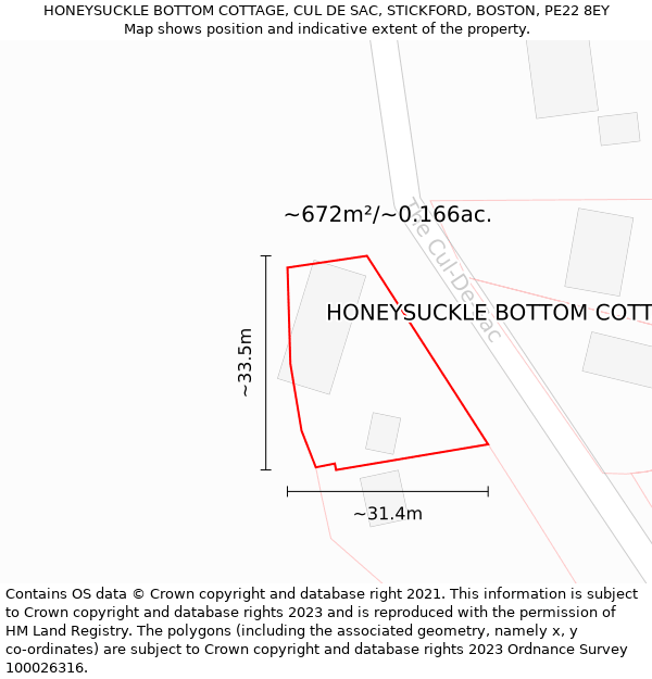 HONEYSUCKLE BOTTOM COTTAGE, CUL DE SAC, STICKFORD, BOSTON, PE22 8EY: Plot and title map