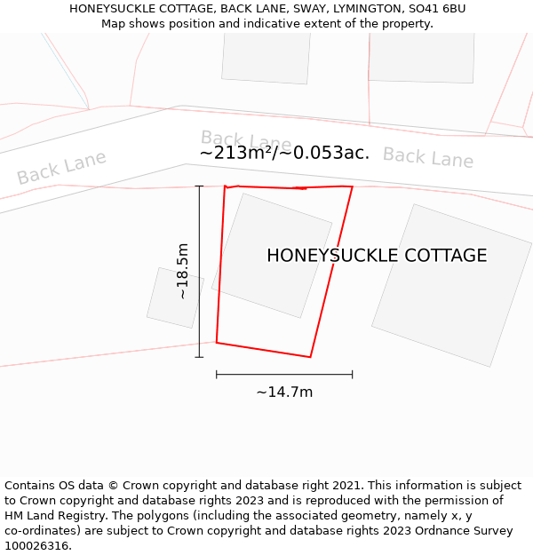 HONEYSUCKLE COTTAGE, BACK LANE, SWAY, LYMINGTON, SO41 6BU: Plot and title map