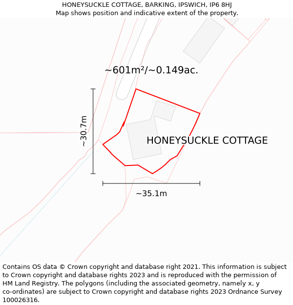 HONEYSUCKLE COTTAGE, BARKING, IPSWICH, IP6 8HJ: Plot and title map