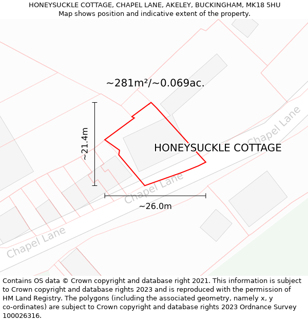 HONEYSUCKLE COTTAGE, CHAPEL LANE, AKELEY, BUCKINGHAM, MK18 5HU: Plot and title map