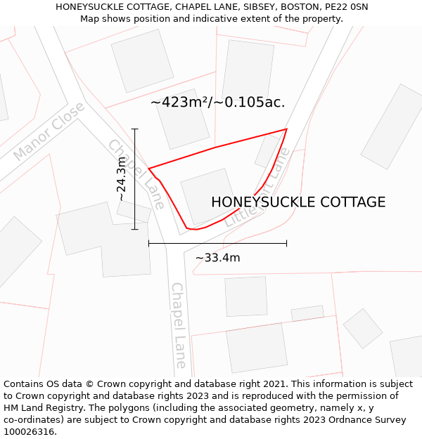 HONEYSUCKLE COTTAGE, CHAPEL LANE, SIBSEY, BOSTON, PE22 0SN: Plot and title map