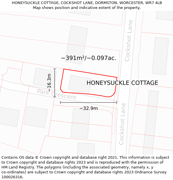 HONEYSUCKLE COTTAGE, COCKSHOT LANE, DORMSTON, WORCESTER, WR7 4LB: Plot and title map