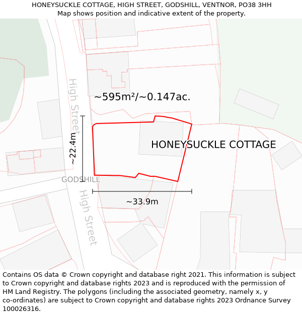 HONEYSUCKLE COTTAGE, HIGH STREET, GODSHILL, VENTNOR, PO38 3HH: Plot and title map