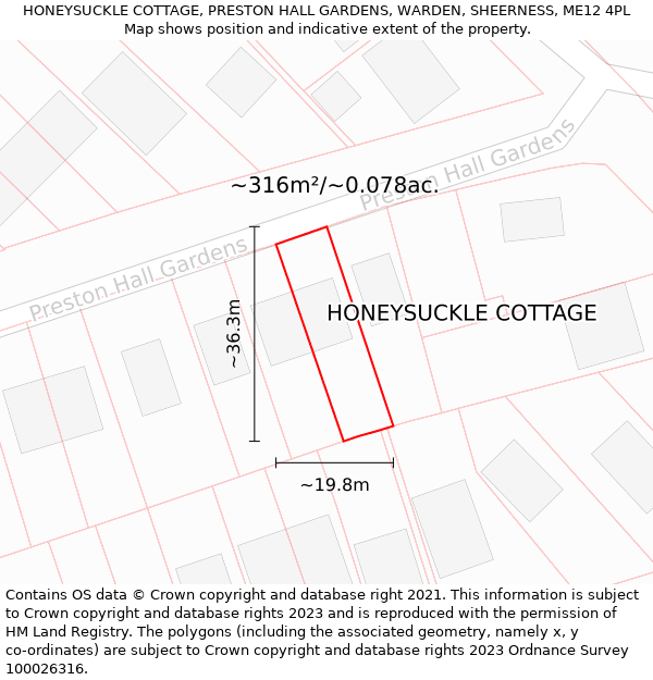 HONEYSUCKLE COTTAGE, PRESTON HALL GARDENS, WARDEN, SHEERNESS, ME12 4PL: Plot and title map