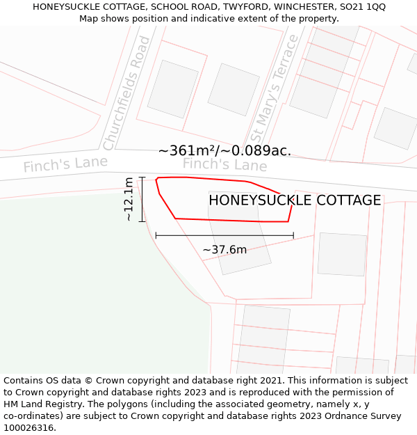 HONEYSUCKLE COTTAGE, SCHOOL ROAD, TWYFORD, WINCHESTER, SO21 1QQ: Plot and title map