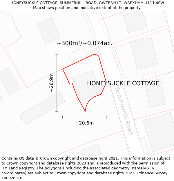 HONEYSUCKLE COTTAGE, SUMMERHILL ROAD, GWERSYLLT, WREXHAM, LL11 4SW: Plot and title map