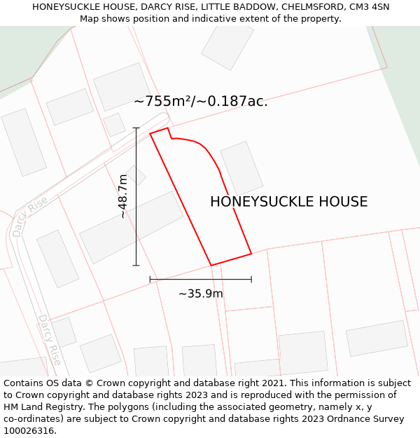 HONEYSUCKLE HOUSE, DARCY RISE, LITTLE BADDOW, CHELMSFORD, CM3 4SN: Plot and title map