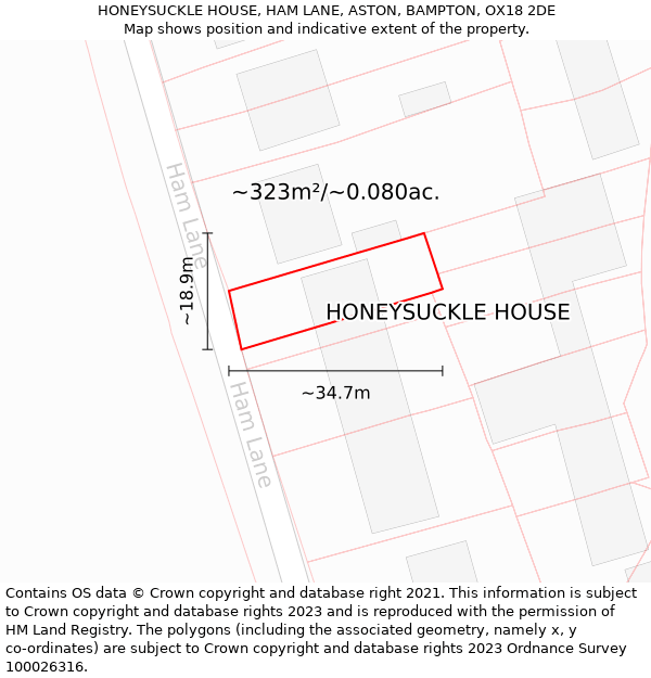 HONEYSUCKLE HOUSE, HAM LANE, ASTON, BAMPTON, OX18 2DE: Plot and title map