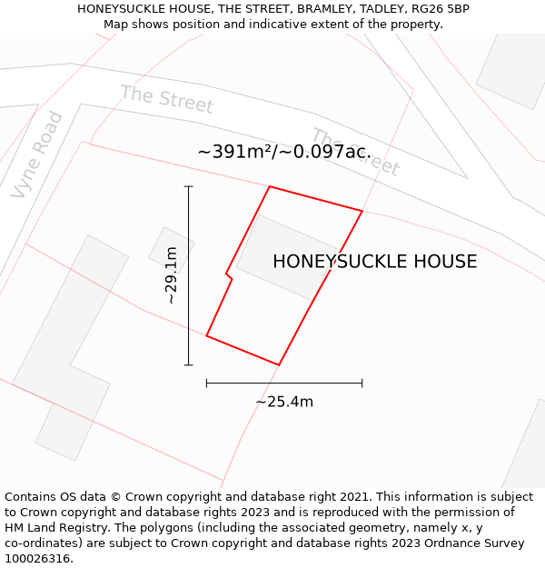 HONEYSUCKLE HOUSE, THE STREET, BRAMLEY, TADLEY, RG26 5BP: Plot and title map