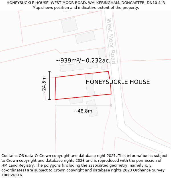 HONEYSUCKLE HOUSE, WEST MOOR ROAD, WALKERINGHAM, DONCASTER, DN10 4LR: Plot and title map