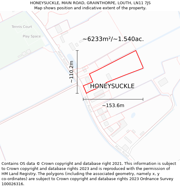 HONEYSUCKLE, MAIN ROAD, GRAINTHORPE, LOUTH, LN11 7JS: Plot and title map