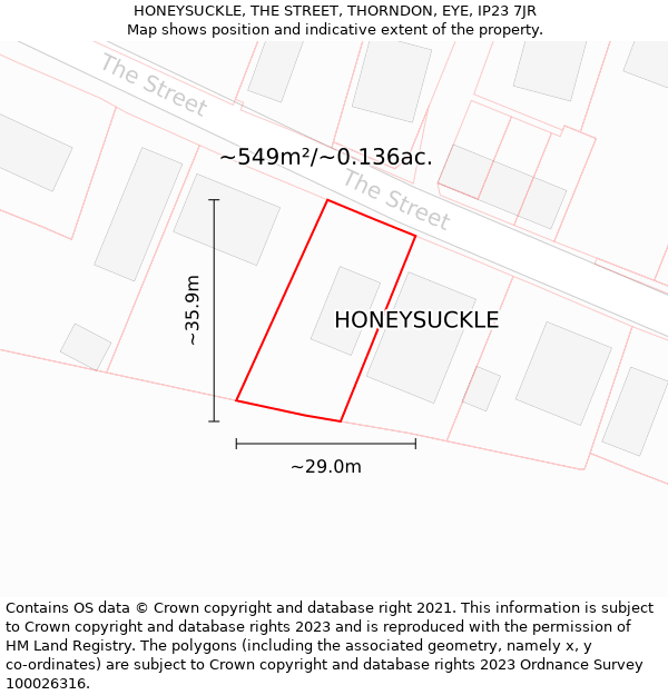 HONEYSUCKLE, THE STREET, THORNDON, EYE, IP23 7JR: Plot and title map