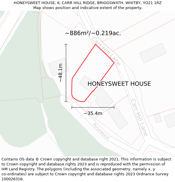 HONEYSWEET HOUSE, 6, CARR HILL RIDGE, BRIGGSWATH, WHITBY, YO21 1RZ: Plot and title map