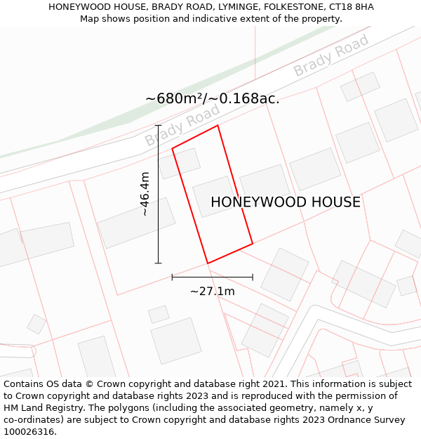 HONEYWOOD HOUSE, BRADY ROAD, LYMINGE, FOLKESTONE, CT18 8HA: Plot and title map