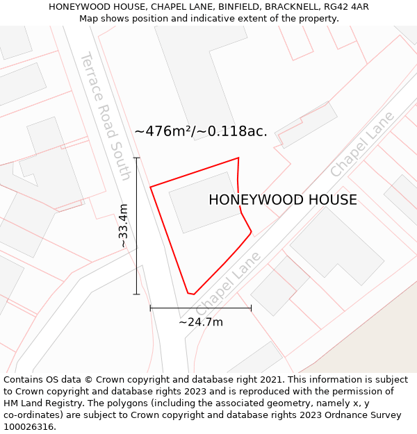 HONEYWOOD HOUSE, CHAPEL LANE, BINFIELD, BRACKNELL, RG42 4AR: Plot and title map