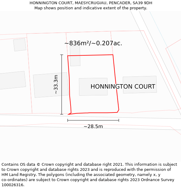 HONNINGTON COURT, MAESYCRUGIAU, PENCADER, SA39 9DH: Plot and title map