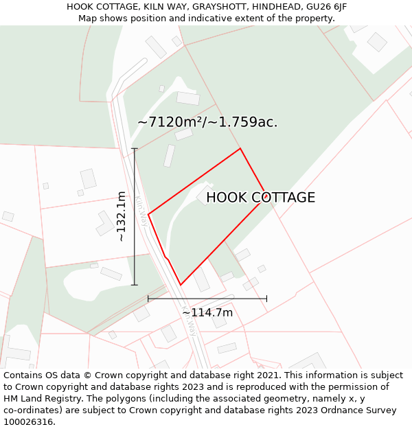 HOOK COTTAGE, KILN WAY, GRAYSHOTT, HINDHEAD, GU26 6JF: Plot and title map