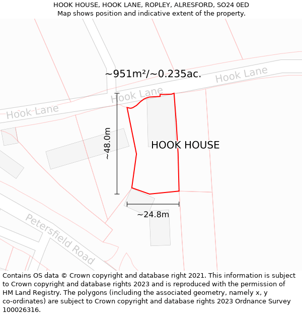 HOOK HOUSE, HOOK LANE, ROPLEY, ALRESFORD, SO24 0ED: Plot and title map