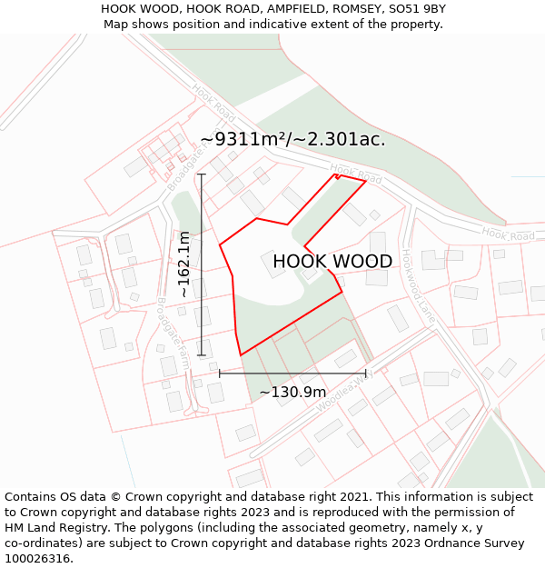 HOOK WOOD, HOOK ROAD, AMPFIELD, ROMSEY, SO51 9BY: Plot and title map