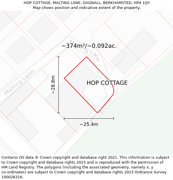 HOP COTTAGE, MALTING LANE, DAGNALL, BERKHAMSTED, HP4 1QY: Plot and title map