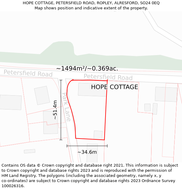 HOPE COTTAGE, PETERSFIELD ROAD, ROPLEY, ALRESFORD, SO24 0EQ: Plot and title map