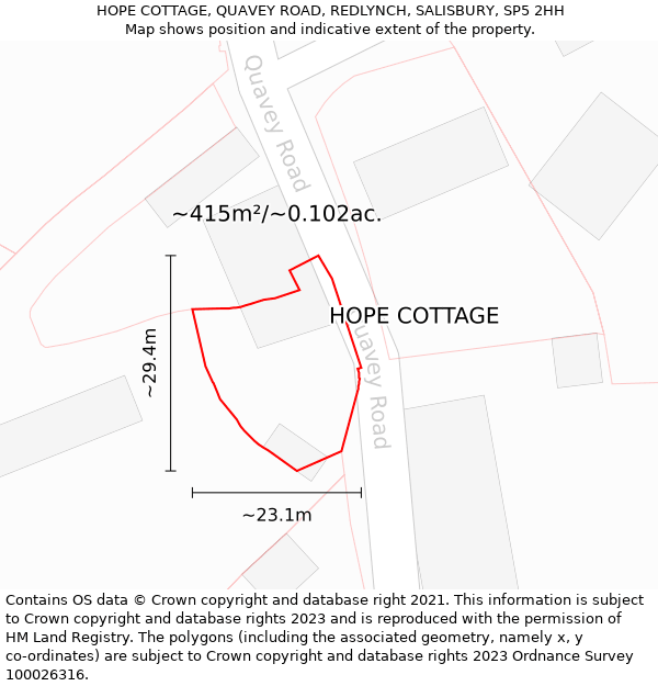 HOPE COTTAGE, QUAVEY ROAD, REDLYNCH, SALISBURY, SP5 2HH: Plot and title map