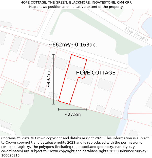 HOPE COTTAGE, THE GREEN, BLACKMORE, INGATESTONE, CM4 0RR: Plot and title map