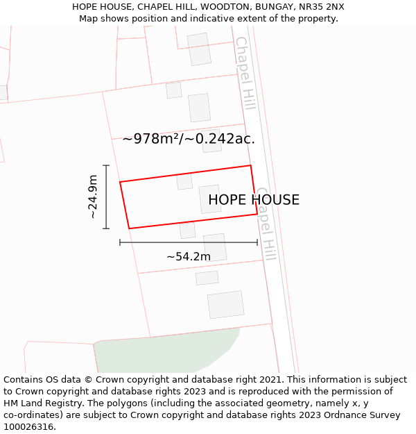 HOPE HOUSE, CHAPEL HILL, WOODTON, BUNGAY, NR35 2NX: Plot and title map