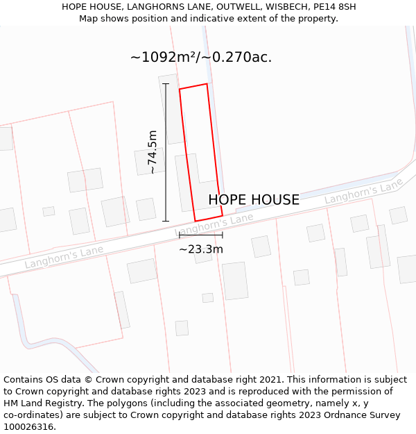 HOPE HOUSE, LANGHORNS LANE, OUTWELL, WISBECH, PE14 8SH: Plot and title map